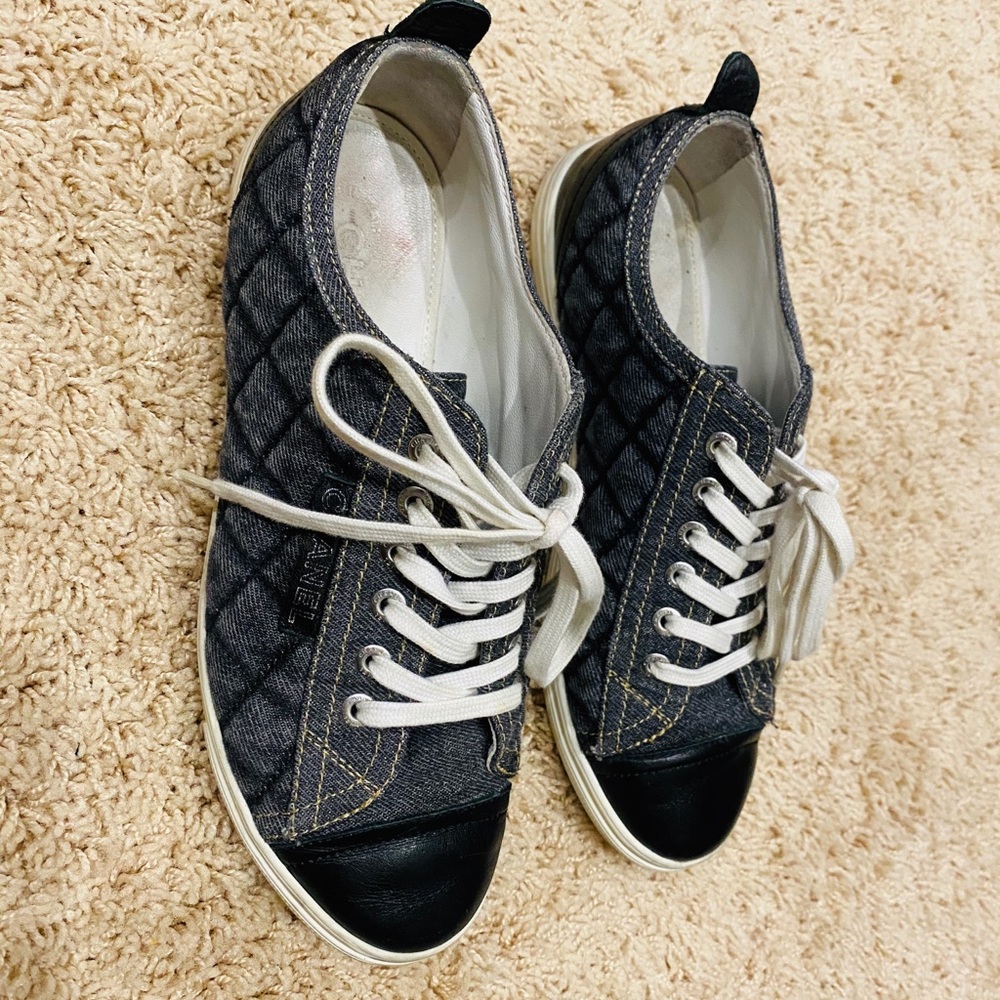 Chanel Quilted Denim & Black Leather Sneakers 37.5